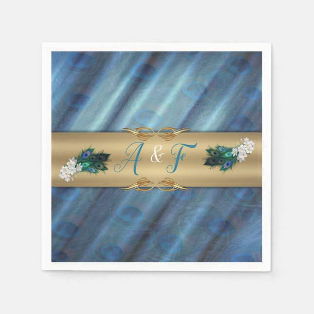 Gold, Peacock Feathers on Emerald Green Silk Napkin (Front)