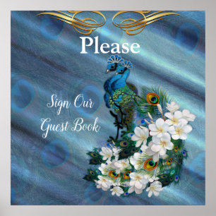 Gold, Peacock Feathers on Emerald Green Silk Poster