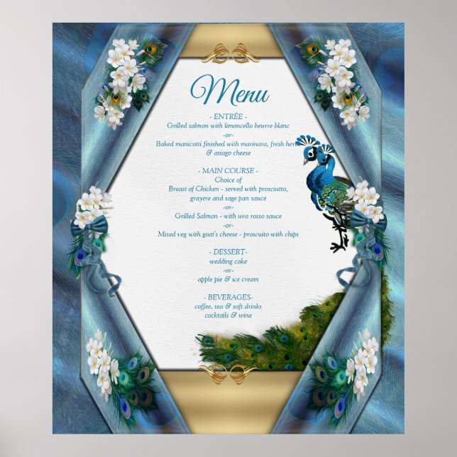 Gold, Peacock Feathers on Emerald Green Silk Poster (Front)