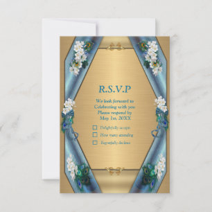Gold, Peacock Feathers on Emerald Green Silk RSVP Card