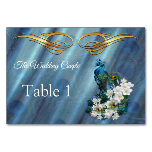Gold, Peacock Feathers on Emerald Green Silk Table Number