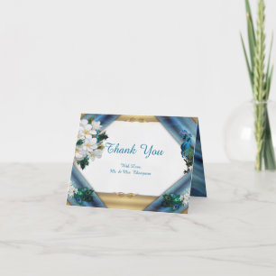 Gold, Peacock Feathers on Emerald Green Silk Thank You Card