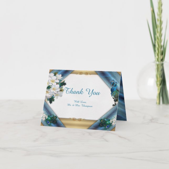 Gold, Peacock Feathers  on Emerald Green Silk Thank You Card (Front)