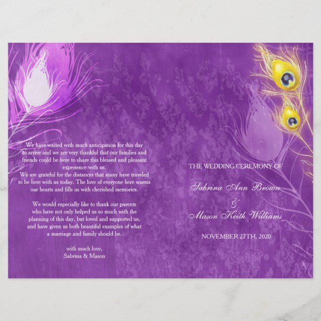 Gold Peacock Feathers Purple Wedding Program (Front)
