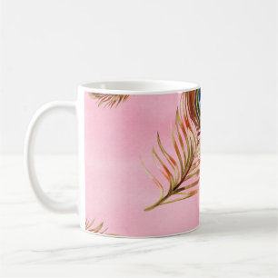 Gold peacock feathers, watercolor seamless pattern coffee mug