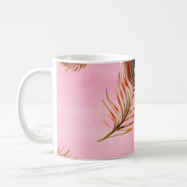 Gold peacock feathers, watercolor seamless pattern coffee mug (Left)
