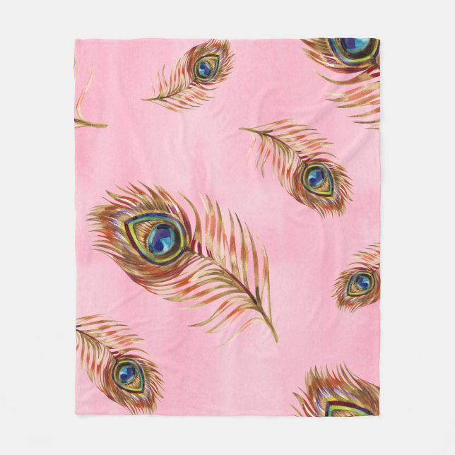 Gold peacock feathers, watercolor seamless pattern fleece blanket (Front)
