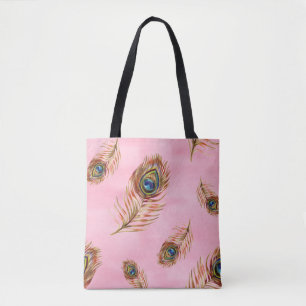 Gold peacock feathers, watercolor seamless pattern tote bag