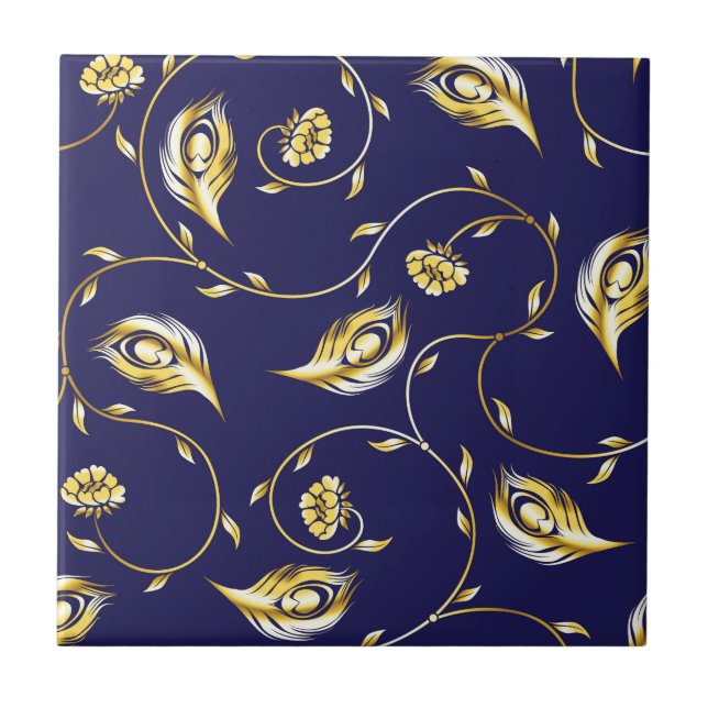 Gold,peacock,floral,pattern,on black,chic,elegant, ceramic tile (Front)