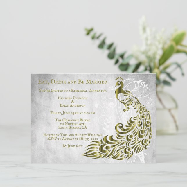 Gold Peacock Leaf Vine Rehearsal Dinner Invite (Standing Front)