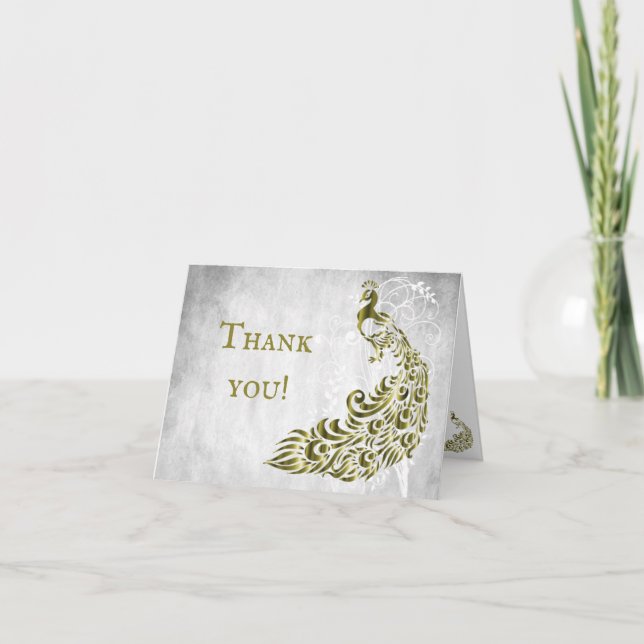Gold Peacock Leaf Vine Thank You Cards (Front)