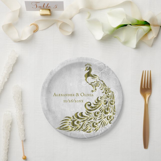 Gold Peacock Leaf Vine Wedding Paper Plate (Wedding)