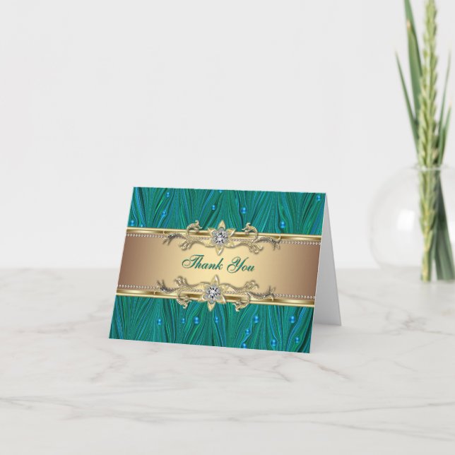 Gold Peacock Pearls Jade Teal Blule Thank You Card (Front)