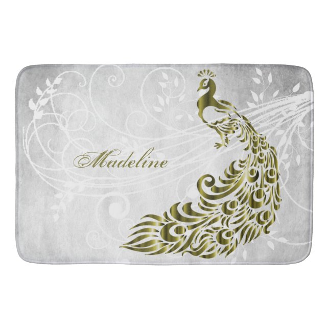 Gold Peacock Personalised Bath Mat (Front)