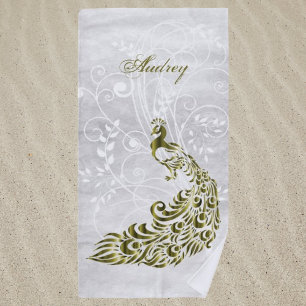 Gold Peacock Personalised Beach Towel