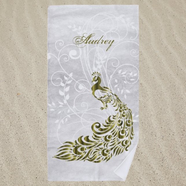 Gold Peacock Personalised Beach Towel (Gold Peacock Personalized Beach Towel)