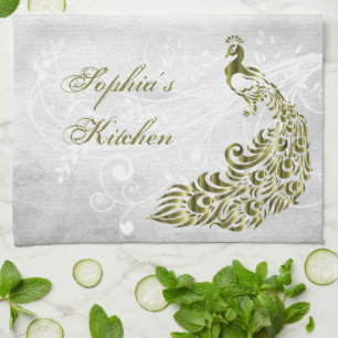 Gold Peacock Personalised Kitchen Towel