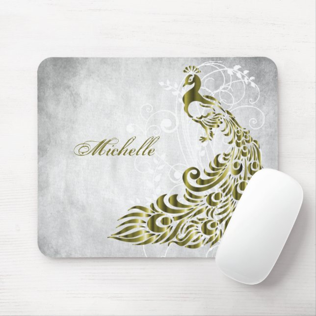 Gold Peacock Personalised Mousepad (With Mouse)