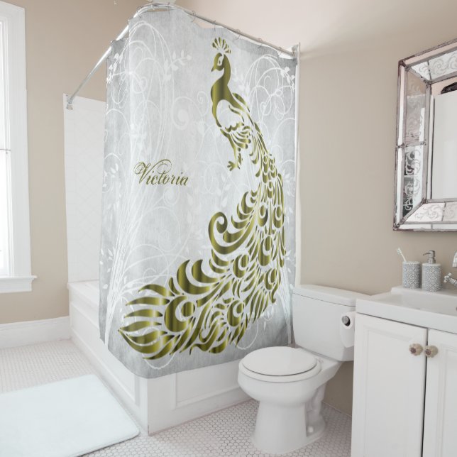 Gold Peacock Personalised Shower Curtain (In Situ)