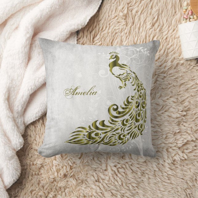 Gold Peacock Personalised Throw Pillow (Blanket)