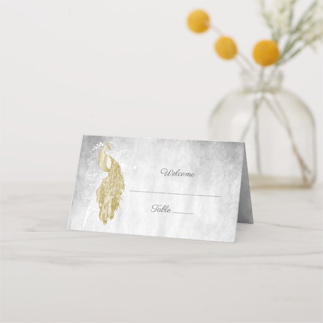 Gold Peacock Reception Place Card (Front)