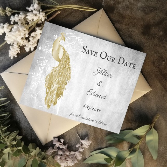 Gold Peacock Save The Date Announcement (Gold Peacock Save the Date)