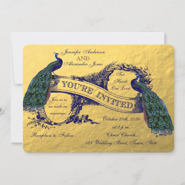 Gold Peacock Wedding Invitation (Front)