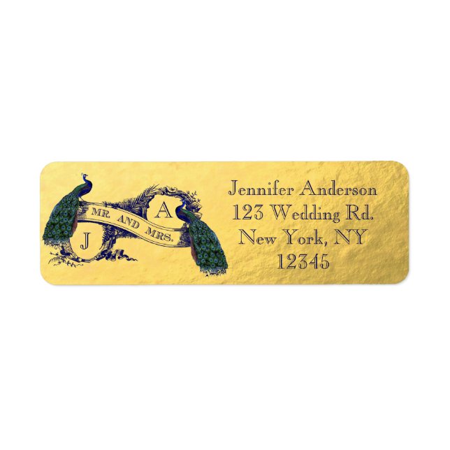 Gold Peacock Wedding Return Address Label (Front)