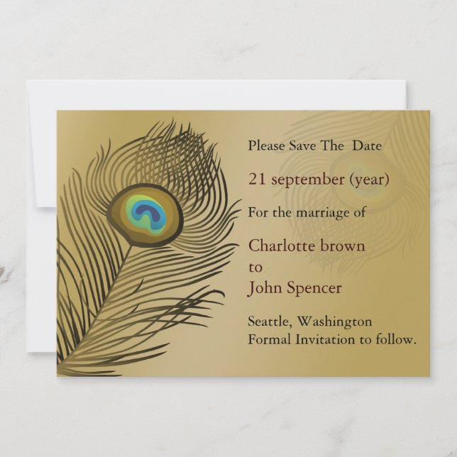 gold peacock wedding save the date (Front)