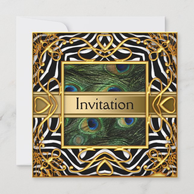 Gold Peacock Zebra Invitation Any Party (Front)