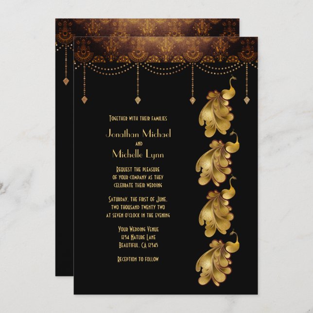 Gold Peacocks, Ancient Egyptian, Art Deco Wedding Invitation (Front/Back)