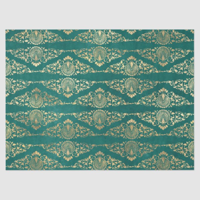 Gold Peacocks and Filigree on Green Decoupage Tissue Paper (Front)
