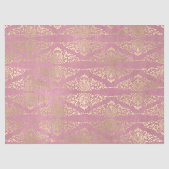 Gold Peacocks and Filigree on Pink Decoupage Tissue Paper (Front)