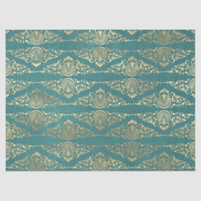 Gold Peacocks and Filigree on Teal Decoupage Tissue Paper (Front)