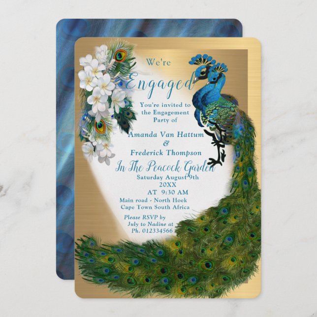 Gold, Peacocks, Feathers  on Emerald Green Silk Invitation (Front/Back)