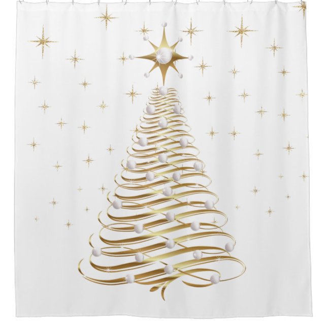 Gold & Pearl Christmas Tree on White Shower Curtain (Front)