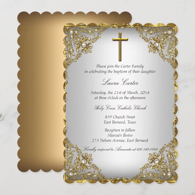 Gold Pearl Damask & Cross Baptism/Christening Invitation (Front/Back)