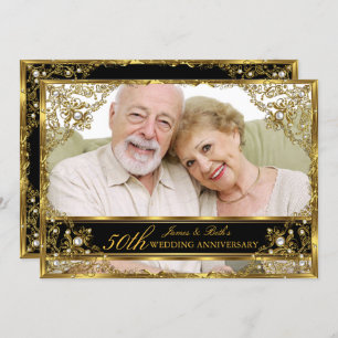 Gold Pearl Damask Photo 50th Wedding Anniversary 2 Invitation