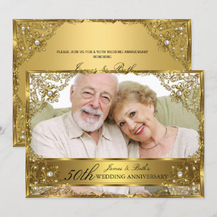Gold Pearl Damask Photo 50th Wedding Anniversary Invitation