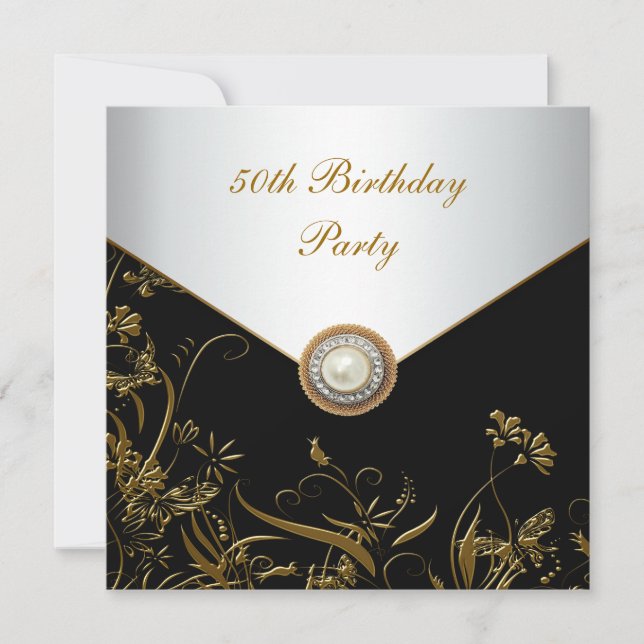 Gold Pearl Floral Womans 50th Birthday Party Invitation (Front)