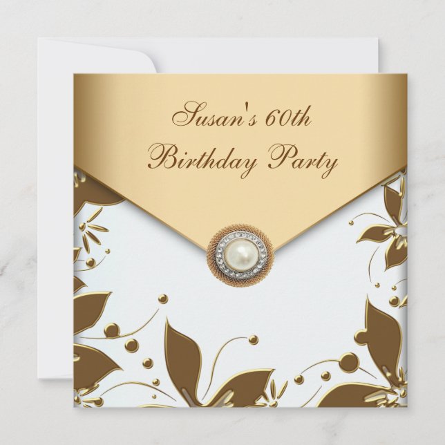 Gold Pearl Flower Swirl Womans 60th Birthday Party Invitation (Front)