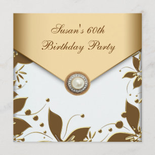 Gold Pearl Flower Swirl Womans 60th Birthday Party Invitation