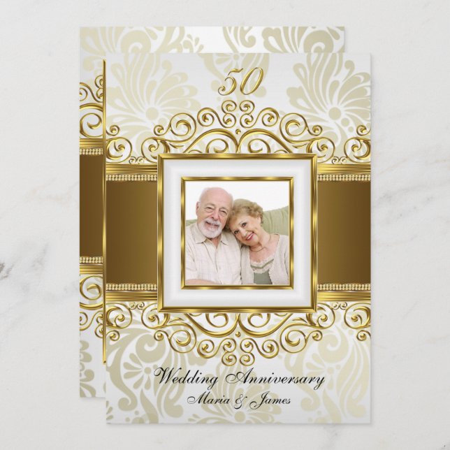 Gold & Pearl Swirl Damask Photo 50th Anniversary Invitation (Front/Back)