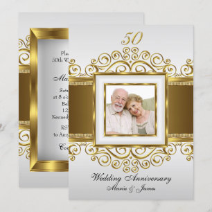 Gold & Pearl Swirl Photo 50 Anniversary Invite