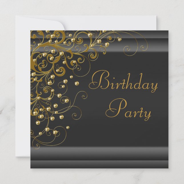 Gold Pearl Swirl Womans Black Gold Birthday Party Invitation (Front)