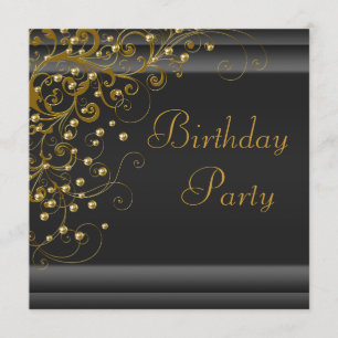 Gold Pearl Swirl Womans Black Gold Birthday Party Invitation