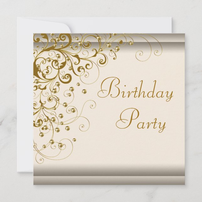 Gold Pearl Swirl Womans Ivory Gold Birthday Party Invitation (Front)