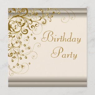 Gold Pearl Swirl Womans Ivory Gold Birthday Party Invitation