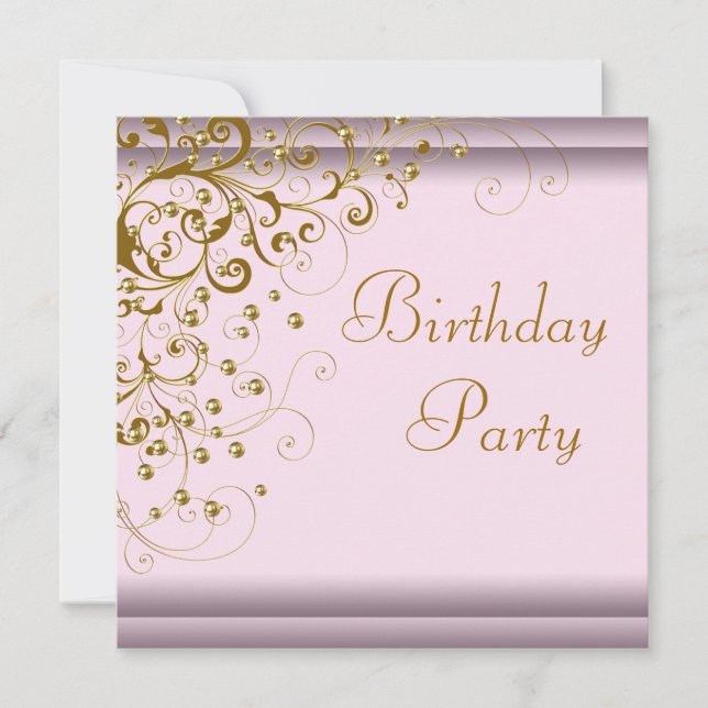 Gold Pearl Swirl Womans Pink Gold Birthday Party Invitation (Front)