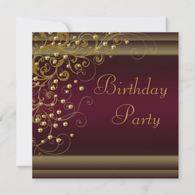 Gold Pearl Swirl Womans Red Wine Birthday Party Invitation (Front)